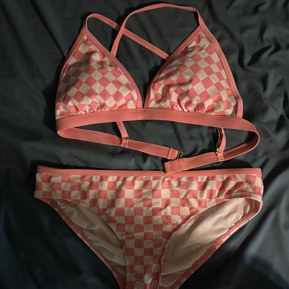 Kona Sol Pink Checkered Triangle Bikini